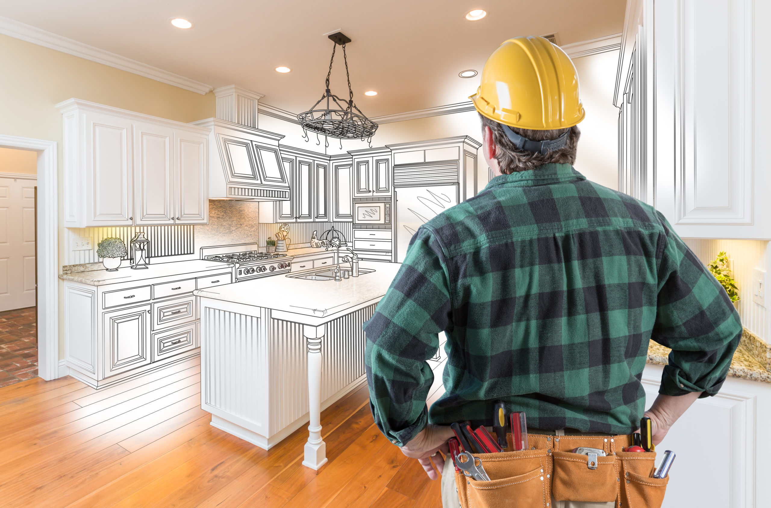 A male contractor wearing a hard hat and tool belt, depicted in an illustrated style, examining a house. The illustration may show the contractor inspecting the structure or planning construction or renovation work