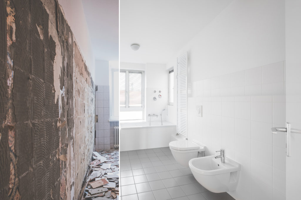 A bathroom renovation with tiled walls, showing the before and after restoration